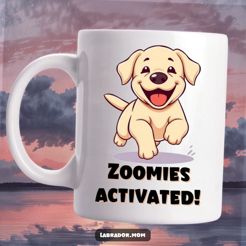 Funny Kawaii Labrador Mug, a cute yellow lab is captured mid-zoomie, legs a blur of motion, showcasing pure, unbridled canine energy