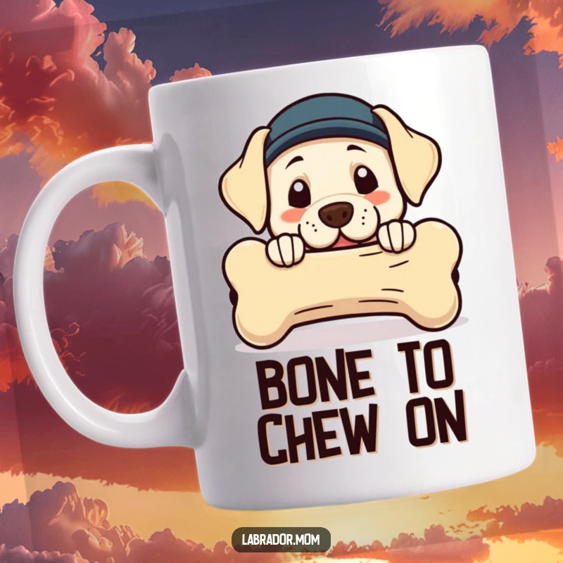 Funny Kawaii Labrador mug with a cute dog peeking playfully from behind a comically large bone, bringing joy.