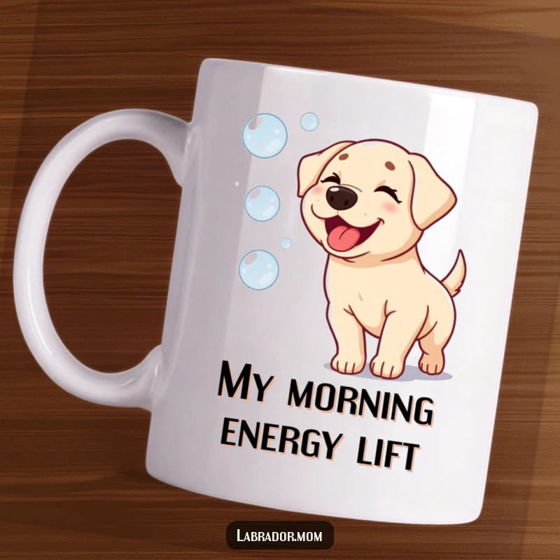 Funny Kawaii Labrador Mug: A cute, winking dog joyfully chasing iridescent bubbles floating up into a bright blue sky.