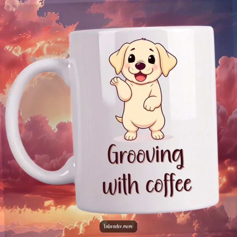Funny kawaii Labrador with floppy ears doing an energetic happy dance, a cheerful and humorous mug design.
