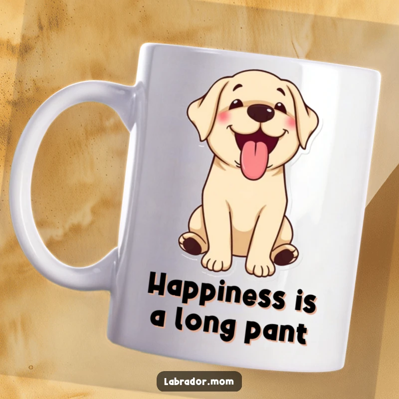 Funny kawaii Labrador dog happily panting with its tongue lolling out, a cheerful mug design.