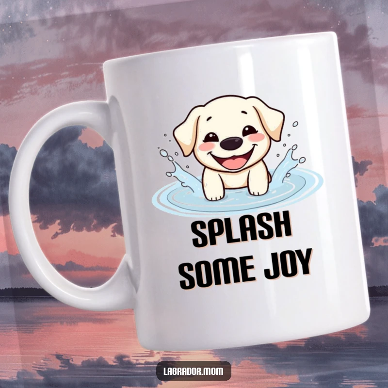Funny Kawaii Labrador mug with a wide, happy grin, joyfully splashing in a water puddle, radiating pure doggy delight.