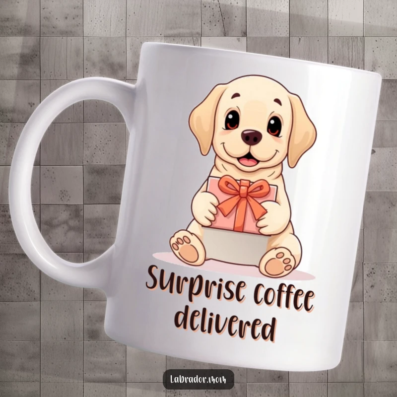 Funny Labrador mug showing a dog presenting a perfectly wrapped gift with a bow, conveying thoughtfulness, a perfect funny gift.