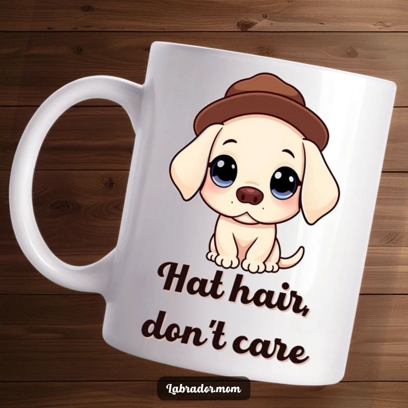 Funny Kawaii Labrador mug with big, innocent eyes, adorably balancing a stylish hat on its head, exuding sweet charm.