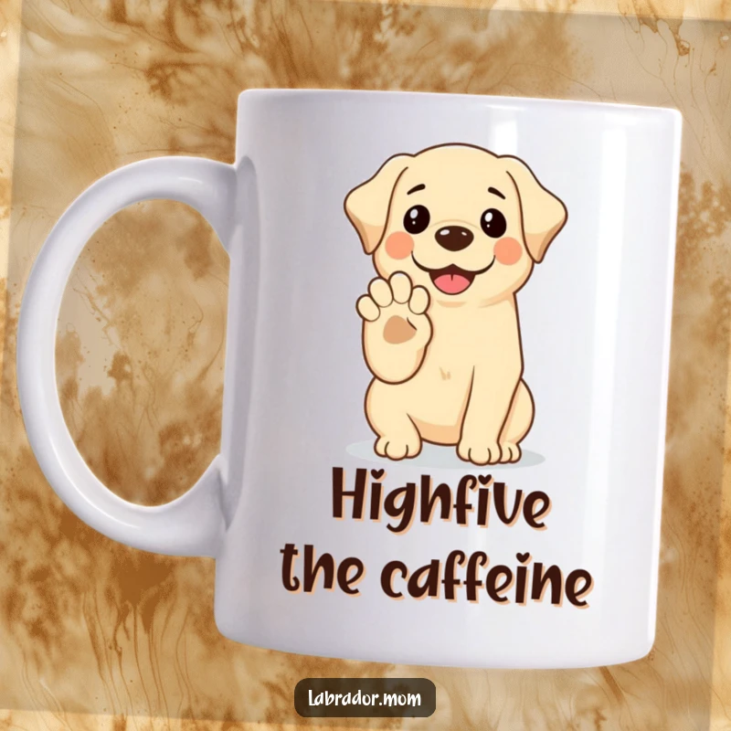 Funny Kawaii Labrador Mug showing a smiling dog offering its paw for a high-five, radiating friendly energy.