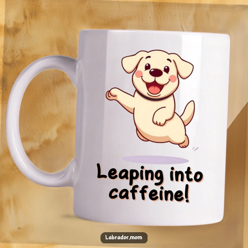 Funny kawaii Labrador dog mug, mid-air enthusiastic leap with paws spread wide, conveying pure happiness and energy.