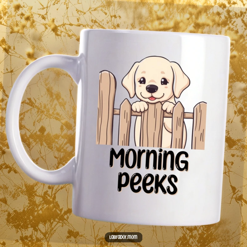 Funny kawaii Labrador peeking over a fence with friendly curiosity and big, innocent eyes, a heartwarming design.