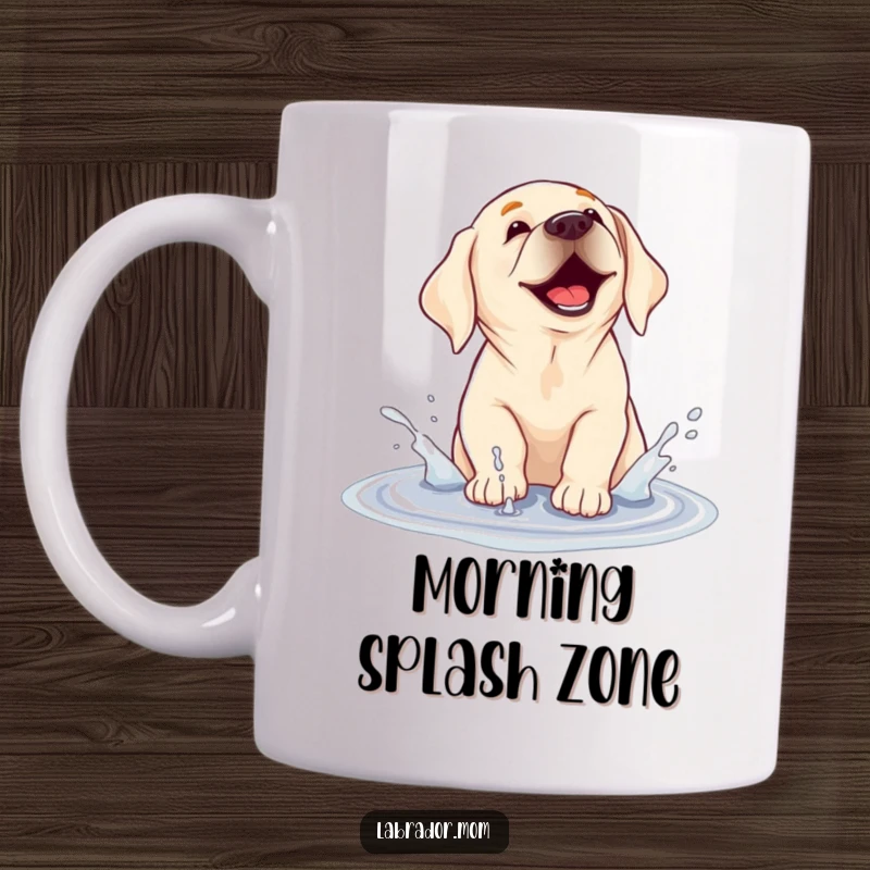 Funny mug showing a labrador dog gleefully splashing water in a muddy puddle, radiating pure doggy happiness and mischief.