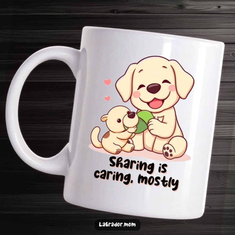 Funny Kawaii labrador sharing a toy with a happy friend, showcasing sweetness and camaraderie on this delightful mug.