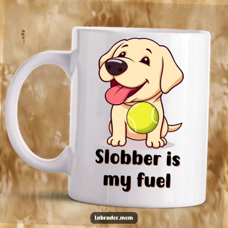 Funny Kawaii Labrador mug, a cute dog panting joyfully with its tongue out, holding a slobbery tennis ball.