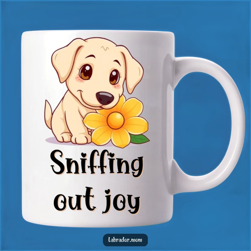 Funny Curious Lab Mug: Big Eyed Dog Sniffing Flower Gift for Nature Lovers