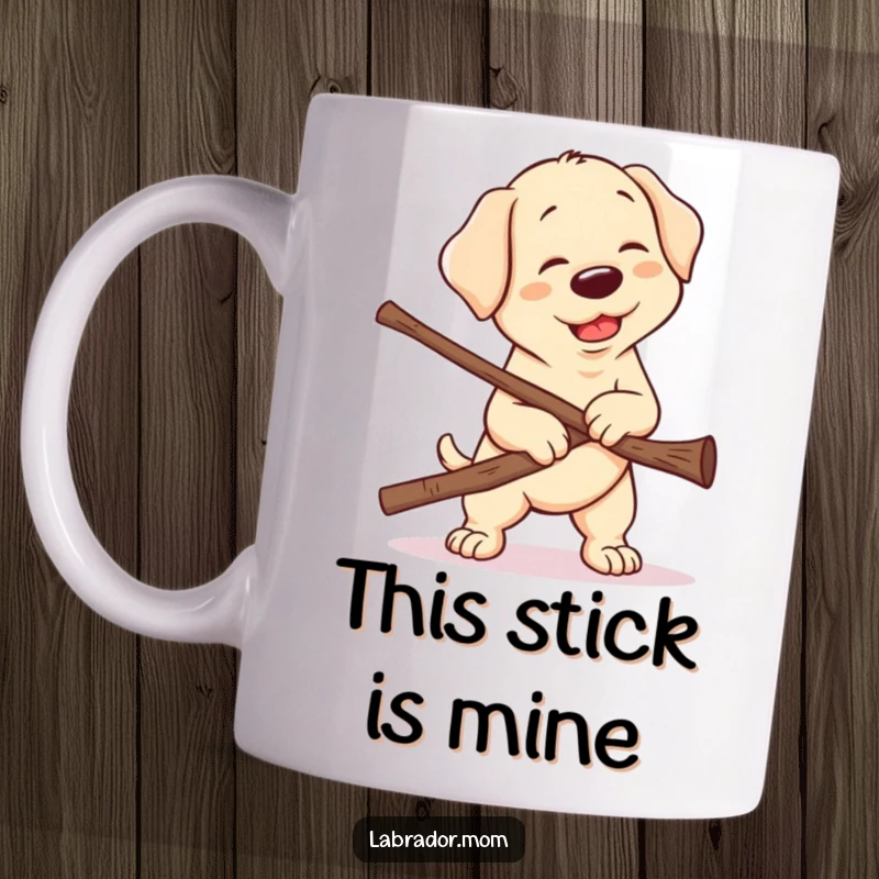 Funny Kawaii Labrador Mug, a cute yellow lab struggles hilariously to carry an impossibly large stick, embodying pure doggy determination