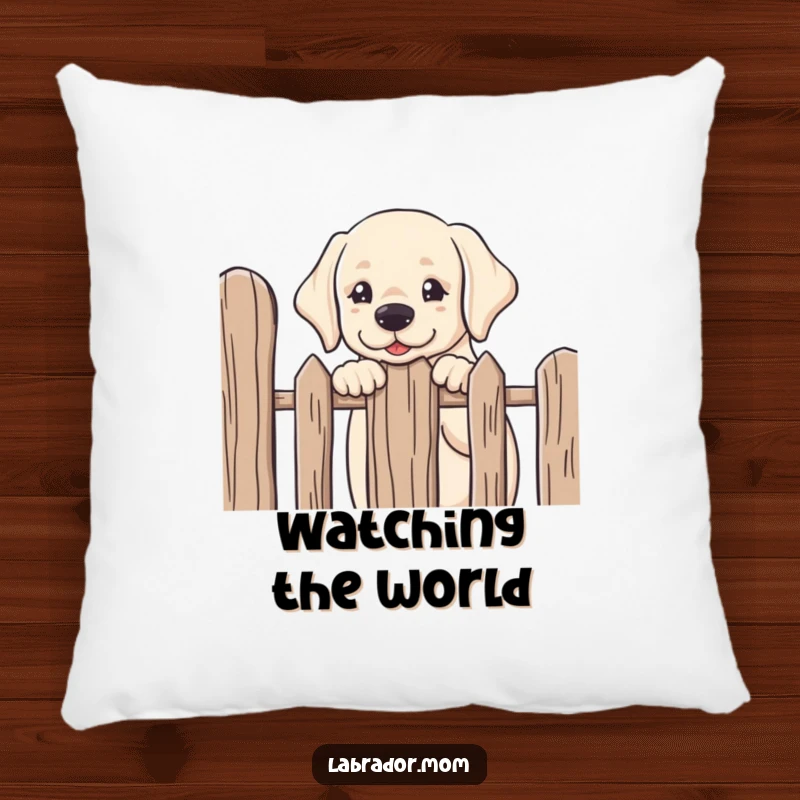 Funny kawaii Labrador peeking over a fence with friendly curiosity, a soft and decorative pillow with a humorous theme.