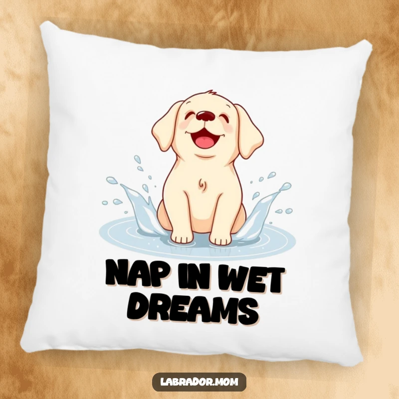 Funny Kawaii Labrador pillow, a soft cushion with a happy dog splashing in a puddle, perfect for lounging.