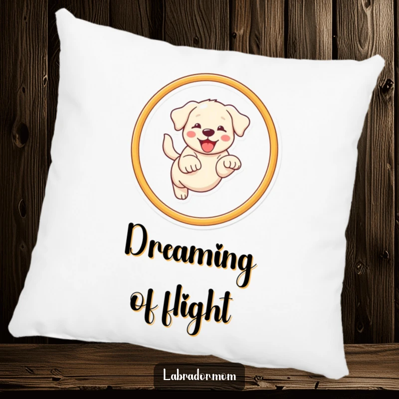 Funny Kawaii Labrador pillow with a happy dog leaping through a hoop, perfect for comfort and decor.