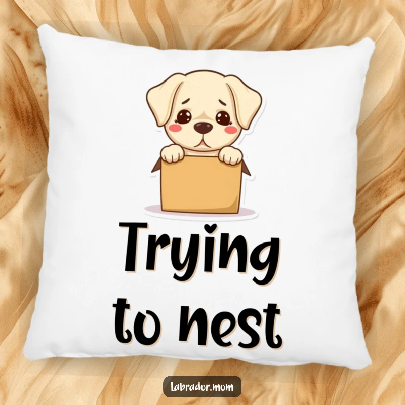 Funny Kawaii Labrador Pillow with a bewildered dog hilariously trying to fit into a small box, perfect for cozy humor.