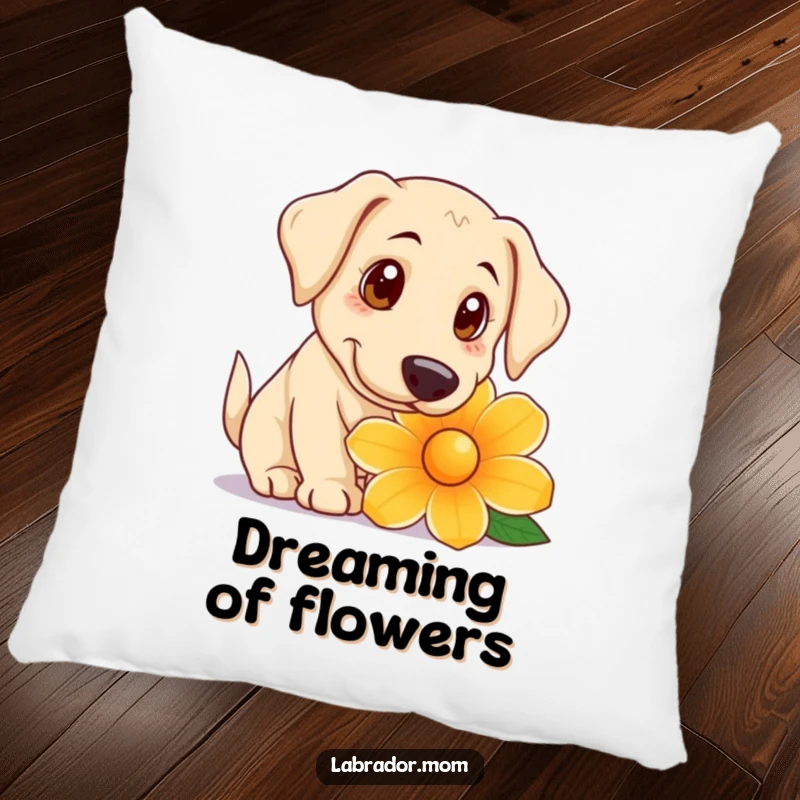 Funny Pillow showing a playful Labrador with big, curious eyes sniffing a giant flower, adding a touch of gentle charm.
