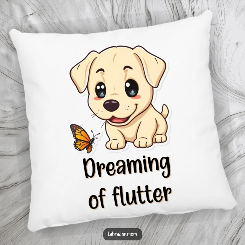 Funny Kawaii Labrador Pillow, a depiction of a happy lab curiously sniffing a butterfly, bringing a sense of peace and gentle joy