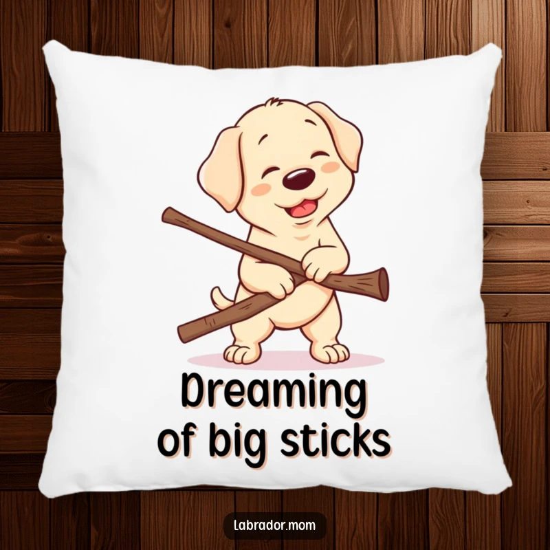 Funny Kawaii Labrador Pillow, a depiction of a happy lab's valiant and funny effort to carry a stick far too large for it