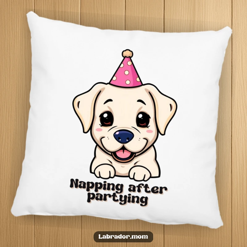 Funny Kawaii labrador wearing a silly party hat, looking incredibly cute and huggable on this soft and decorative pillow.
