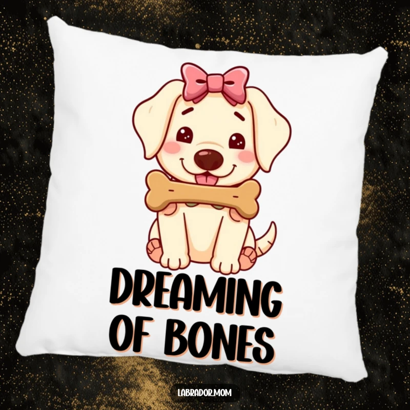Funny Kawaii Labrador Pillow, cute dog with bow offering a juicy bone, soft cushion, a heartwarming and humorous gift.