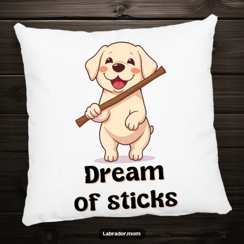 Funny Kawaii Labrador pillow depicting a dog excitedly carrying a stick twice its size, offering cozy comfort and humorous charm.