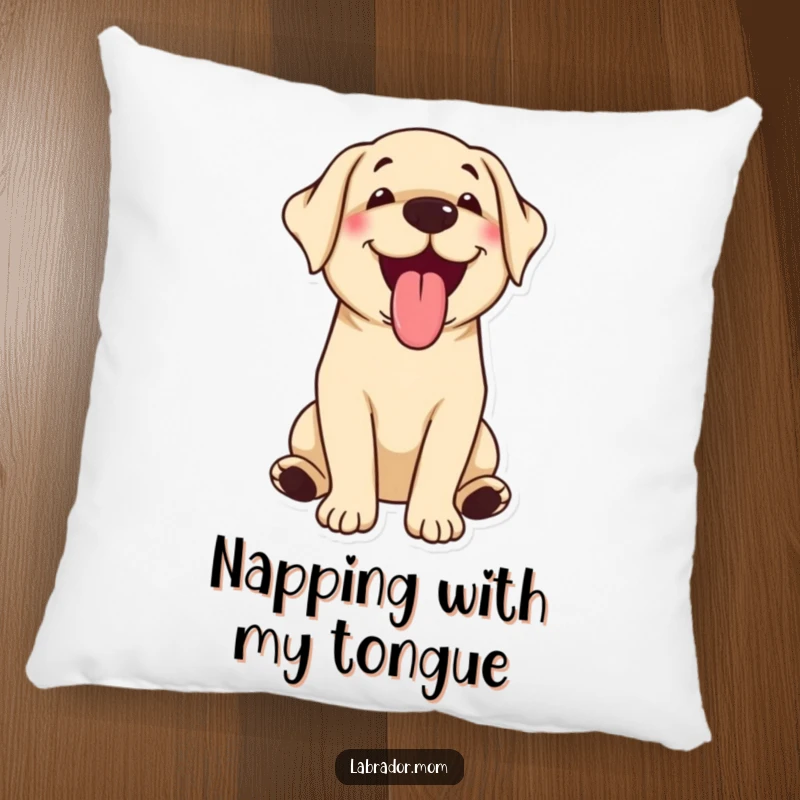 Soft and funny pillow featuring a kawaii Labrador happily panting with tongue out, ideal for cozy spaces.