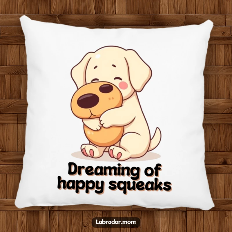 Soft and funny pillow featuring a kawaii Labrador hugging a giant squeaky toy, ideal for cozy spaces.