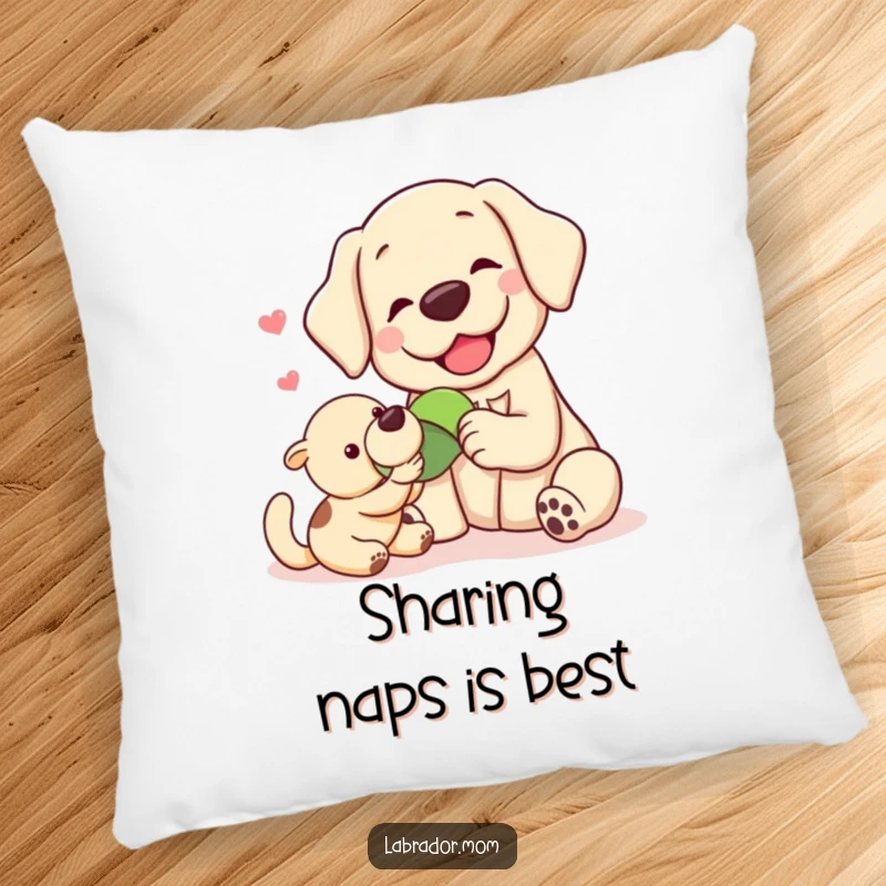 Funny Kawaii labrador sharing a toy with a companion, creating a scene of tenderness on this soft and decorative pillow.
