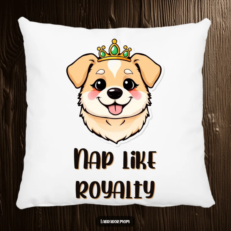 Funny, round, cheerful dog head wearing a tiara on a plush, decorative pillow. Soft and regal comfort.