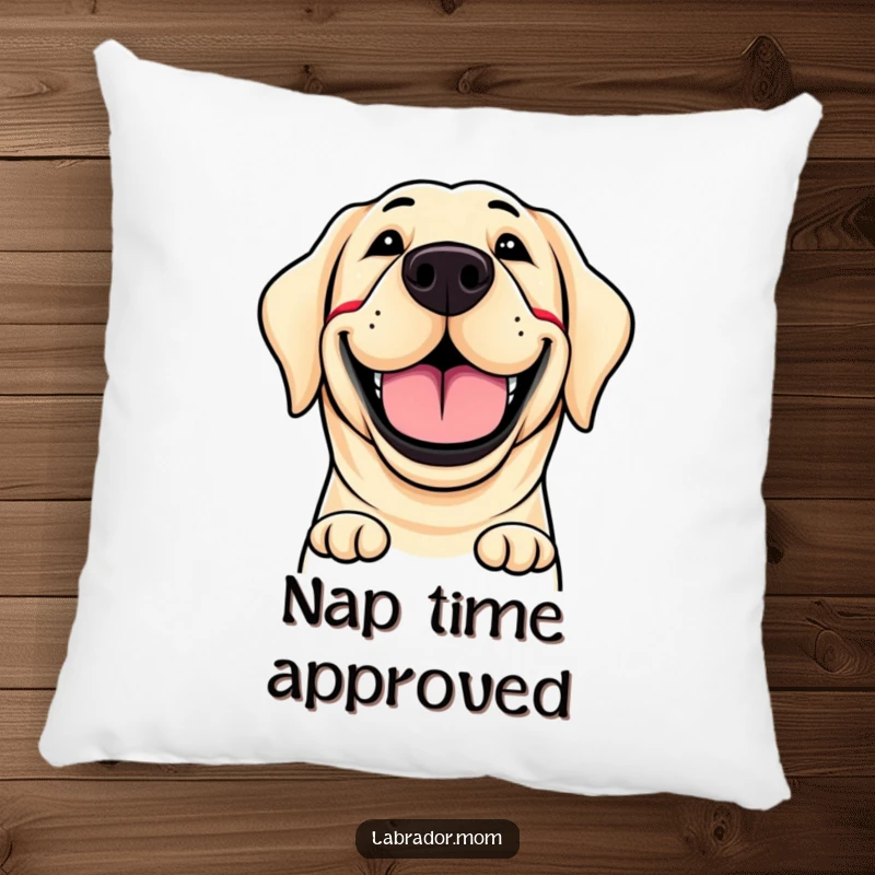 Funny pillow showcasing a labrador's extremely wide, content, and beaming grin, offering cozy and humorous home decor.