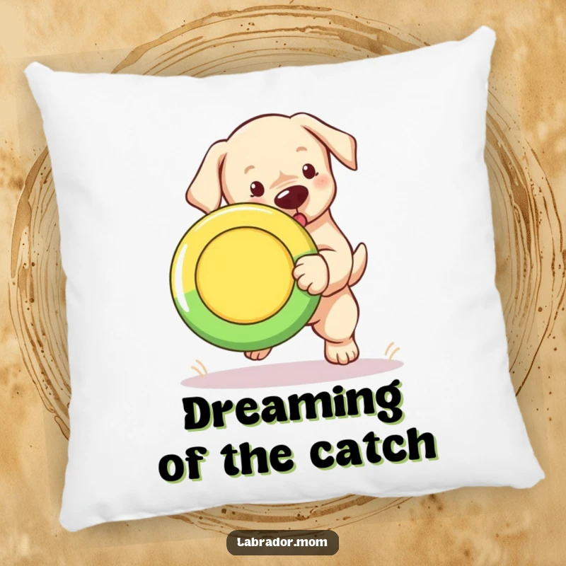 Funny Labrador puppy pillow, a cute cub joyfully fetching a bright Frisbee.