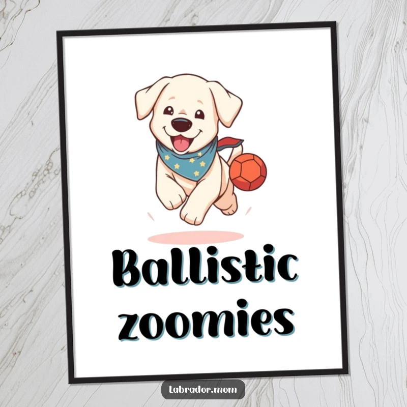 Funny Digital Art Print: A kawaii Labrador in a bandana excitedly runs with a ball, bringing pure joy.