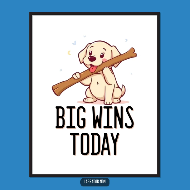 Funny Kawaii Labrador Fetching Big Stick Digital Art - Instant Smile Decor
