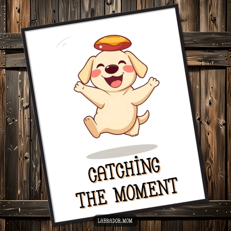 Funny Digital Art Print of a grinning Labrador character leaping to catch a frisbee mid-air, full of athletic fun.