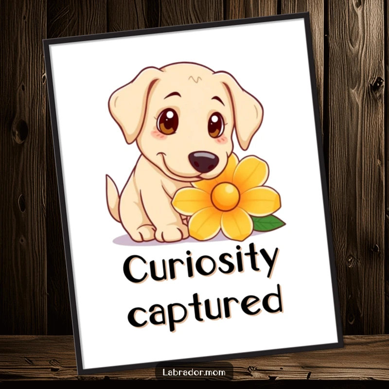Funny Digital Art Print of a playful Labrador with big, curious eyes sniffing a giant flower, embodying sweet fascination.