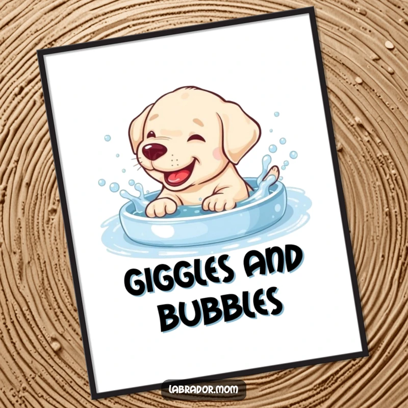 Funny giggling Labrador cub splashing in a bubbly pool, available as a high-resolution digital art print.