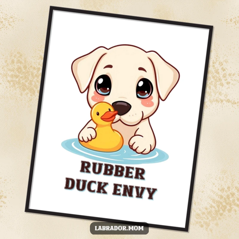 Funny Digital Art Print: A kawaii Labrador with big curious eyes nudges a rubber duck, bringing innocent joy.