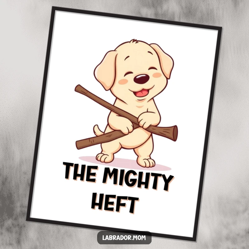 Funny Kawaii Labrador Digital Art, a cute lab's hilariously earnest struggle with an oversized stick, bringing cheer and canine charm
