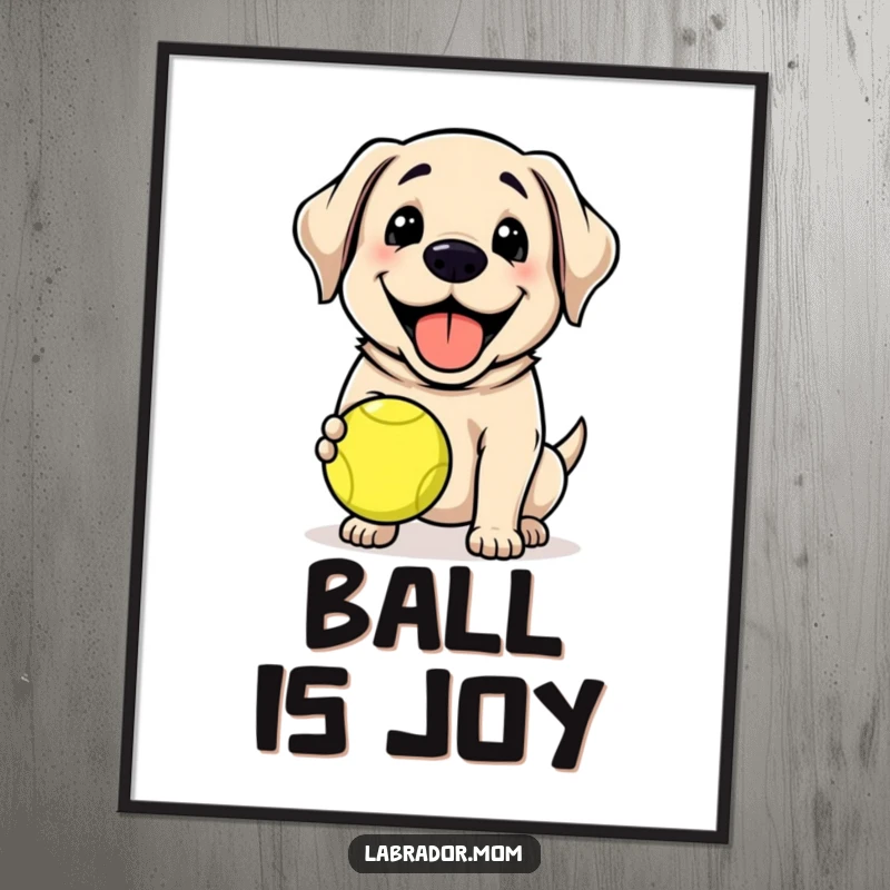Funny Kawaii Labrador dog grinning, holding a tennis ball, cute digital art print, happy decor, funny gift.