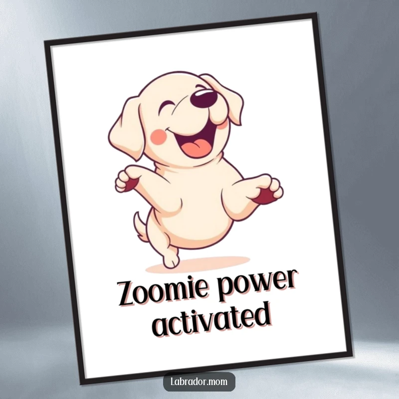Funny Kawaii Labrador dog doing a zoomie, energetic, cute digital art print, playful decor, funny gift.
