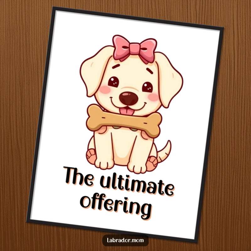 Funny Kawaii Labrador Digital Art Print, cute dog with bow offering a juicy bone, printable wall art, humorous gift.