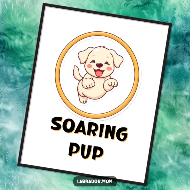 Funny Kawaii Labrador digital art print of a happy dog leaping through a hoop, instant download.