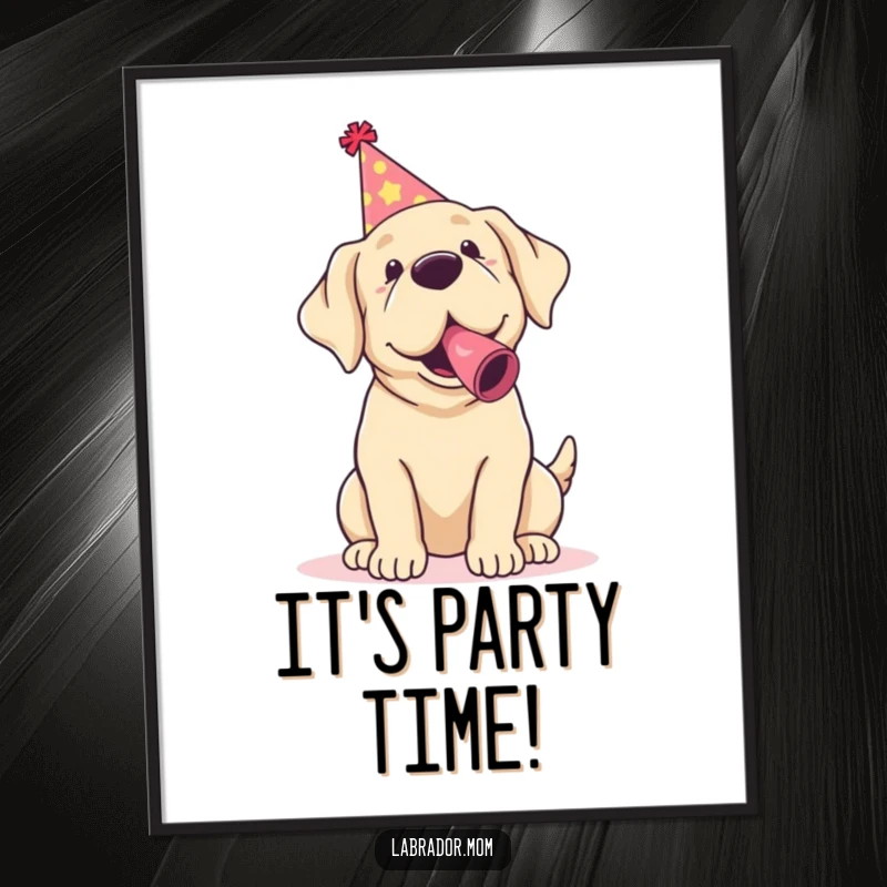 Funny Kawaii Labrador Digital Art Print of a party dog, perfect for humorous wall decor.
