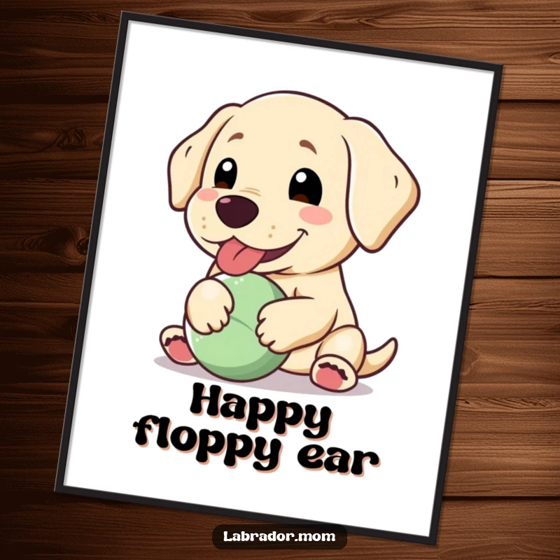 Funny Kawaii Labrador digital art print, a happy dog panting with a floppy ear, holding a ball, vibrant and cheerful.