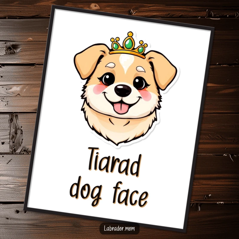 Funny, round, cheerful dog head wearing a tiara, presented as a downloadable digital art print for home decor.