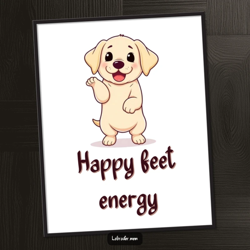 Funny kawaii Labrador with floppy ears doing an enthusiastic happy dance, high-resolution digital art print for instant decor.