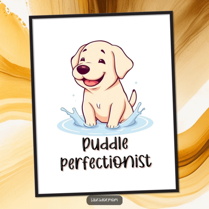 Funny Digital Art Print: A kawaii Labrador with a goofy grin happily splashes in a puddle, bringing cheer.