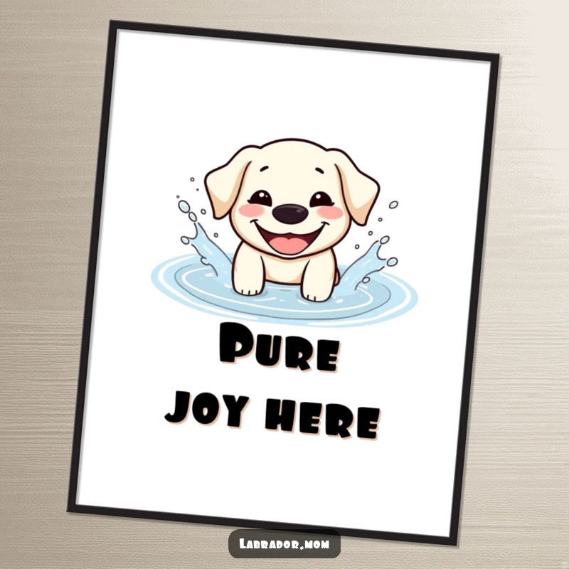 Funny Kawaii Labrador digital art print of a dog happily splashing in a puddle, perfect for adding cheerful, humorous decor.