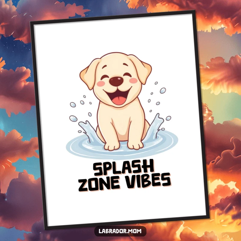 Funny Kawaii Labrador digital art print, capturing a dog mid-splash in a puddle with dynamic water effects, high-resolution for vibrant display.